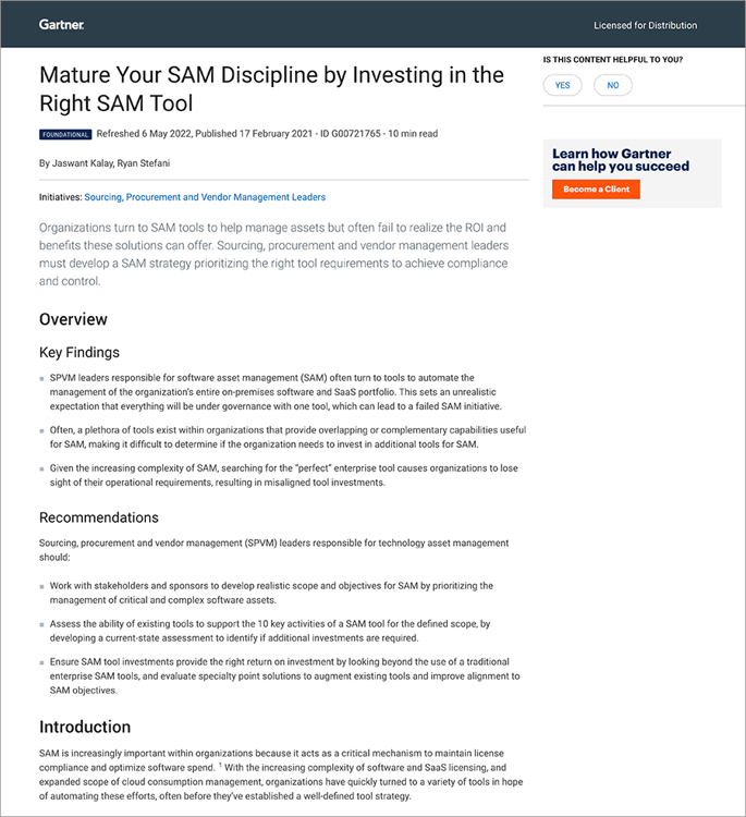 Gartner® Report Mature Your SAM Discipline by Investing in the Right